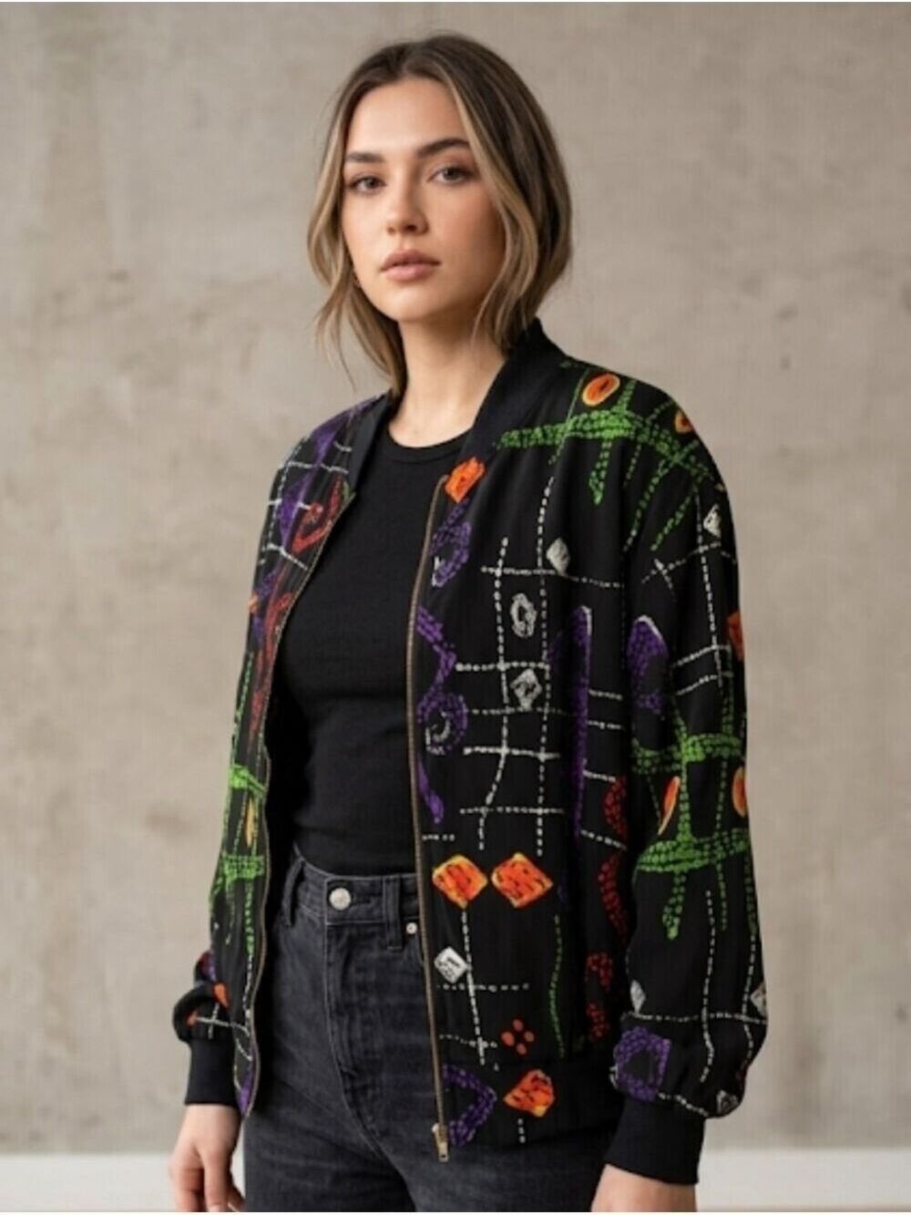 Vintage Cascais Abstract Print Bomber Jacket Women’s Size M Colorful Retro